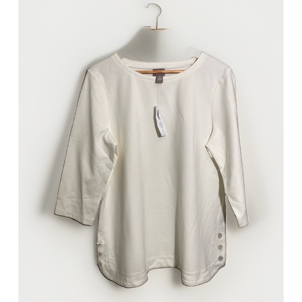 Chicos Top Sz 2 Large Quarter Sleeve Boat Neck Ponte Stretch Tunic Pullover NWT